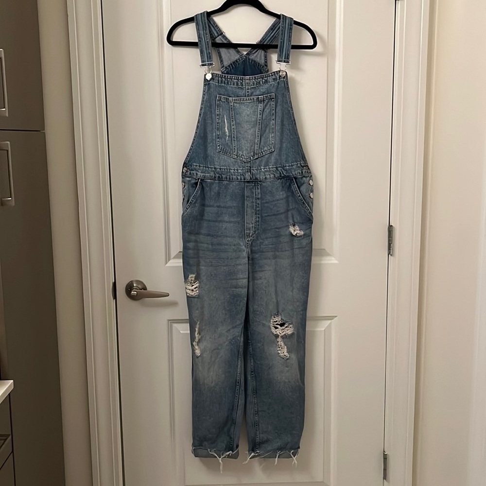 Distress jean overalls